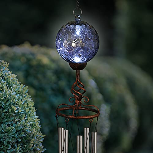 Exhart Solar Honeycomb Pearlized Glass Ball Wind Chimes - Honeycomb Ball Metal Wind Chimes w/LED Outdoor Lights â€“ Honeycomb Glass Globe Bronze Finial 4.9" L x 4.9" W x 46.2" H