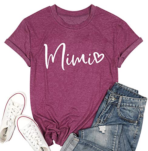BANGELY Mimi Heart Graphic Cute Grandma T Shirt for Women Letter Print Short Sleeve Tees Casual Mimi Gift Tops with Sayings (Purple, X-Large)