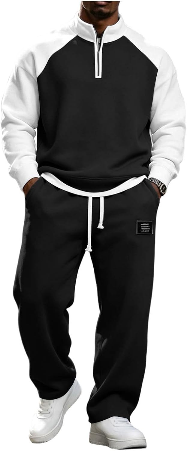 Mens 2 Piece Tracksuit Set 1/4 Zip Color Block Tops Wide Leg Pants