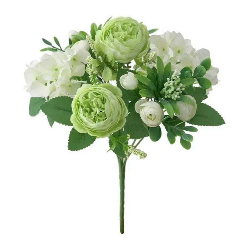 GVEKJ Blaue Seidensträuße, künstliche Waldhortensien, Pfingstrosenknospen, Hochzeit, Braut, Handstrauß, Hausgarten, Schreibtisch, Blumenarrangement, Dekor, Grün