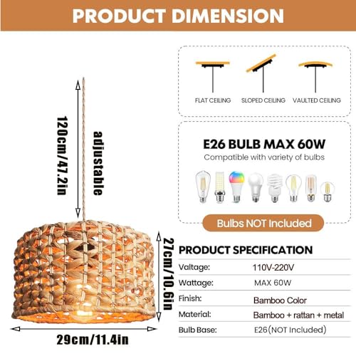 Luminaire suspendu en rotin rustique et suspension en bambou à 1 lumière pour salon