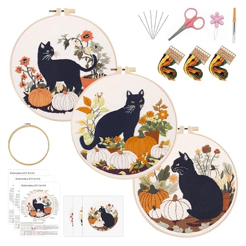 Image of KEKEMEOW 3 Sets Embroidery Kit for Beginners, Stitches with Black Cat Harvest Festival, Embroidery Stitch Practice kit for Adults Craft Lover, Cross Stitch Kit with Pattern、Instruction、Hoop