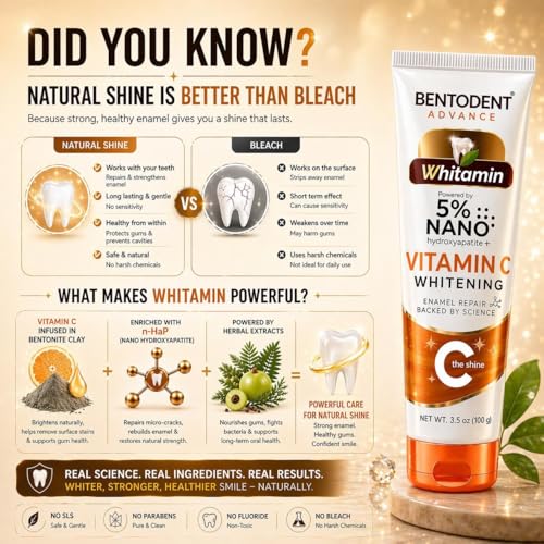 Image of BENTODENT Advance Whitamin Toothpaste, Teeth Whitening Formula - 5% Nano Hydroxyapatite, Vitamin C, SLS & Fluoride Free Toothpaste for Sensitive Care, Enamel Repair, Fresh Breath Protection (100g)