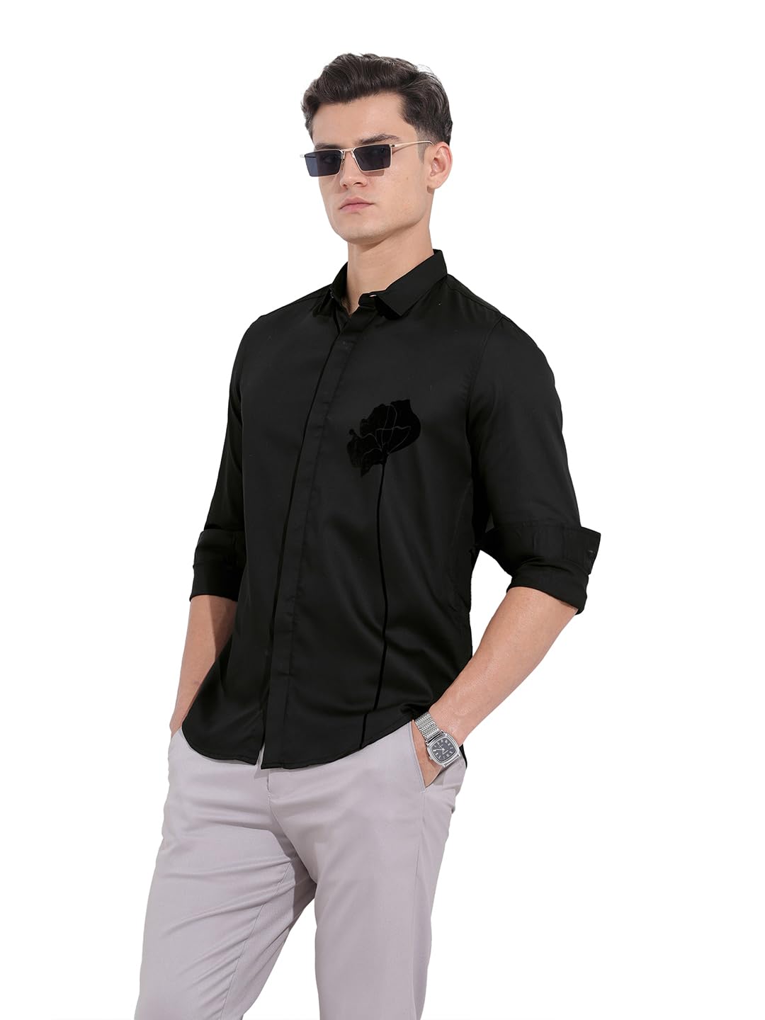 The Indian Garage Co Camicia da uomo a maniche lunghe con scollo rotondo e stampa floreale
