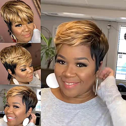 LEOSA Ombre Short Bob Pixie Cut Wig with Bangs for Black Women,Pixie Cut Side Part Wig Black Mixed Brown Highlight Color Wigs with Side Bangs Natural Straight Synthetic Cute Wigs Brown Bob Wig
