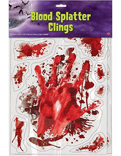 Beistle Blood Splatter Clings 2-Sheet Set – Halloween Window and Surface Decals Bloody Handprints for Haunted House Decorations and Spooky Scene Setups, 12” x 17” Sheets
