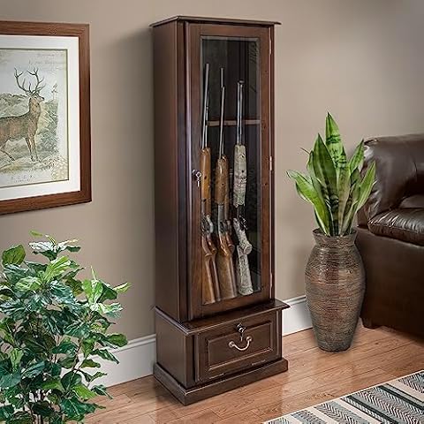 American Furniture Classics 650 Wood Gun Display Cabinet with Tempered Glass Door and Ammo Storage, 8 Gun, Espresso Brown, 1 Cabinet Cover
