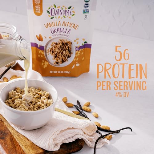 Oatsome Vanilla Almond Granola, Gluten Free, Non-GMO, 5g Protein, Made with Whole Grain Organic Oats, Honey, Almonds, & Vanilla, for Protein Snacks Cereals Breakfast Yogurt, 10 Oz Bag - Image 4