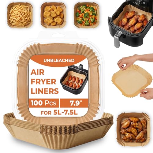 Roe Tenpo Air Fryer Liners 100Pcs Disposable Baking Parchment Paper Non-Stick & Greaseproof Air Fryer Accessories for Ninja AF180UK AG301UK COSORI Tefal Easy Fry Russell Hobbs Air Fryer