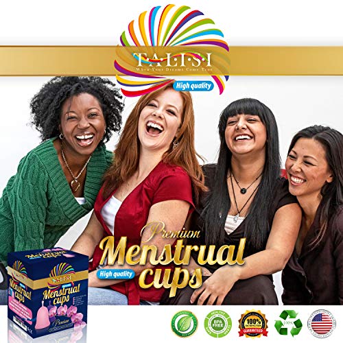 Talisi Menstrual Cups Set of 2 with Collapsible Silicone Sterilizer - Soft & Flexible Sensitive Feminine Reusable Period Kit - for Women Heavy & Light Flow (Small & Large) Tampon Pad Alternative
