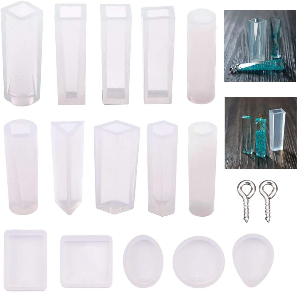 Resin Casting Molds 15 Shapes Silicone Pendant Bracelet Jewelry Casting Molds Set Kit and Cute 100 PCS Screw Eye Pins Molds for DIY Craft 115-Rectangle