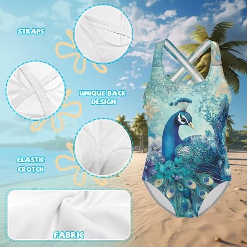 Image of WELLFLYHOM Girls' One Piece Swimsuit for Age 5-14 Cross Back Full Coverage Swimwear Sleeveless Bathing Suits