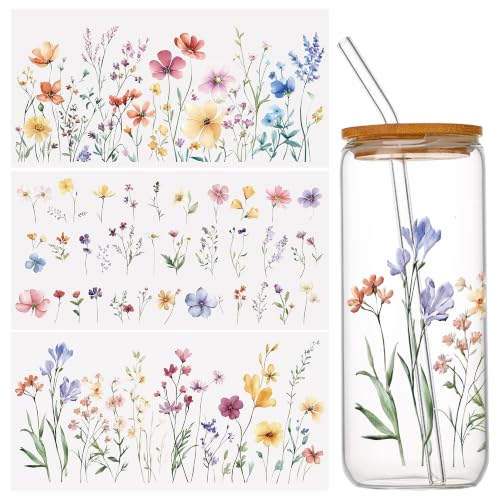 WANDIC 3 Bogen Rub on Sticker Blumen - UV DTF Wasserfest Transferaufkleber für Möbel und Glas im Sommer Design - für DIY Kunsthandwerk sowie Dekoration von Fotoalbum Scrapbook und Geschenk 15x30 cm