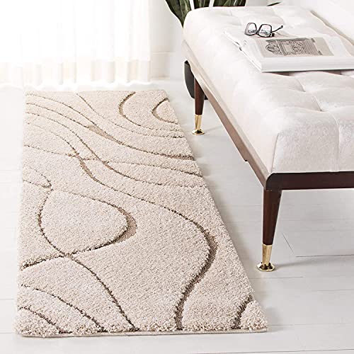 Image of Geometric Wave Shaggy Carpet for Living Room, Bedroom, High Low Design Finish Microfiber 1.8 Inch Pile High, 2x8 Feet Runner Ivory|Beige Color