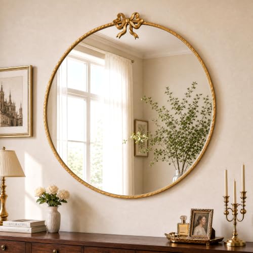 Image of 32 Inch Gold Circle Mirror, Bow Round Wall Mirror Vintage Gold Decor