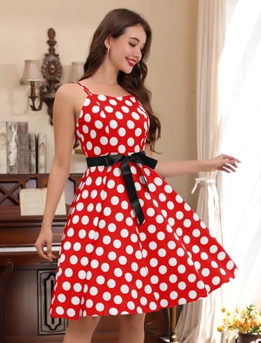 Image of Women Vintage Polka Dot 1950s Rockabilly Halter Audrey Dress Retro Floral Evening Cocktail Swing Dress