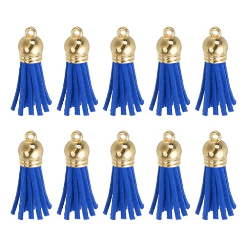QUARKZMAN 24Pcs Borlas De Cuero para Llavero Charm Al por Mayor para Colgante Pulsera Fabricación De Joyería Artesanía DIY Decoración(1.5 Pulgadas), Azul Zafiro/Tapa Dorada