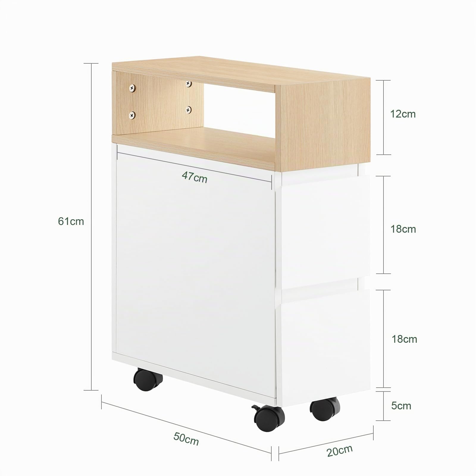 SoBuy Mesita Auxiliar Estrecha con Ruedas y 2 Cajones - Mesita de Noche Móvil para Dormitorio/Salón, Mueble con Ruedas Blanco Natural 50x20x61cm FBT155-WN