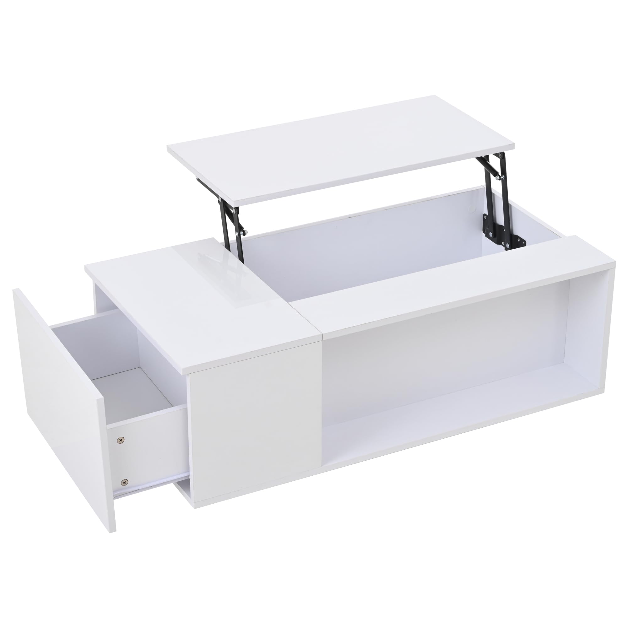 Merax Couchtisch mit Höhenverstellbarer Platte, Modern Hochglanz Wohnzimmertisch mit LED, Sofatisch Kaffeetisch mit Schubladen, Versteckte & offene Stauraum, Rechteckig Mitteltisch Beistelltisch, Weiß