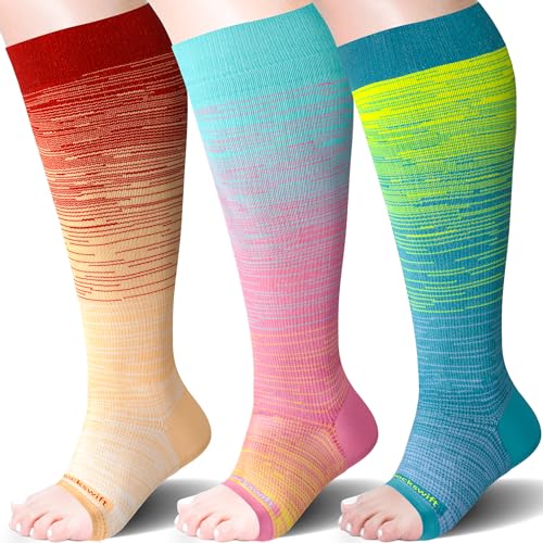 Sockswift Open Toe Compression Socks for Women&Men Toeless 20-30 mmHg Knee High Stockings for Nurses, Prenancy, Travel, Die Dye