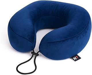 مخدة سفر ميموري فوم عصرية من اتش تي، لدعم الرأس والرقبة للطائرة والقطار والسيارة للقراءة والنوم اثناء السفر، أزرق