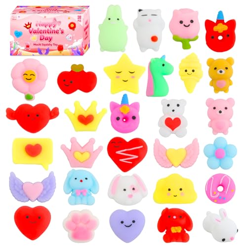 Valentines Day Gifts for Kids - 30 Pack Valentines Mochi Squishy Toys, Mini Kawaii Squishies Fidget Toys Prizes for Kids School Classroom Party Favors and Valentines Day Decor - 6
