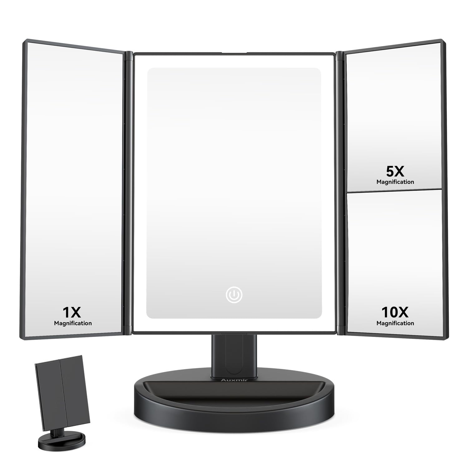 Auxmir Espejo Maquillaje con Luz, Recargable 1X/5X/10X Espejo Aumento Tríptico, 68 Luces LED con Pantalla Táctil Brillo Ajustable, Giratorio 180°, Negro
