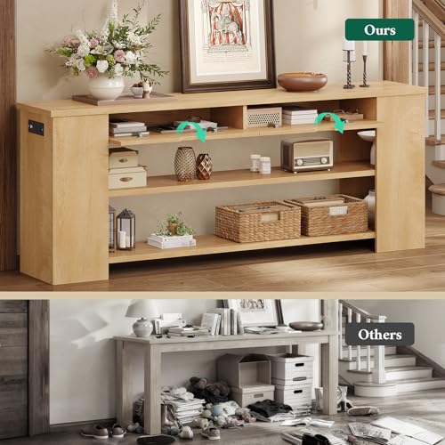 Image of 71.8 Inch Extra Long Console Table with Drawers, Farmhouse Long Console Table with Shelves & Built-in Outlets, Entryway Table with Storage for Living Room, Entryway, Natural