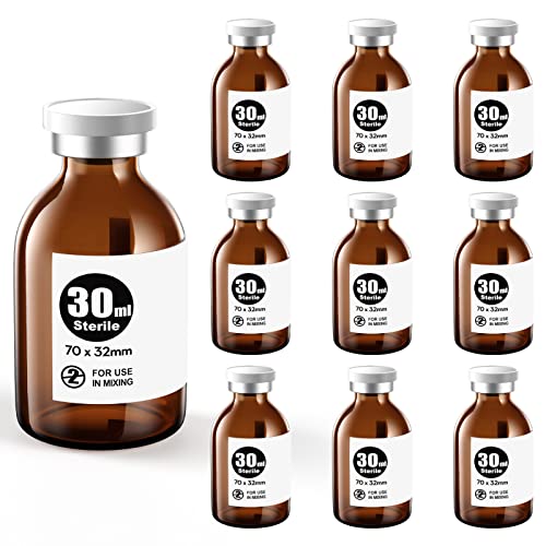 Ks-Tek Sterile Empty Vials with Self Healing Injection Port,with Aluminum Plastic Cap,Sterile Package (30ml Amber,10)