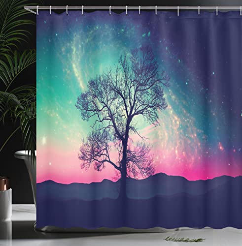 ABAKUHAUS Galaxy Shower Curtain, Vibrant Stars Space Cosmic Lonely Tree Aurora Borealis - Image 3