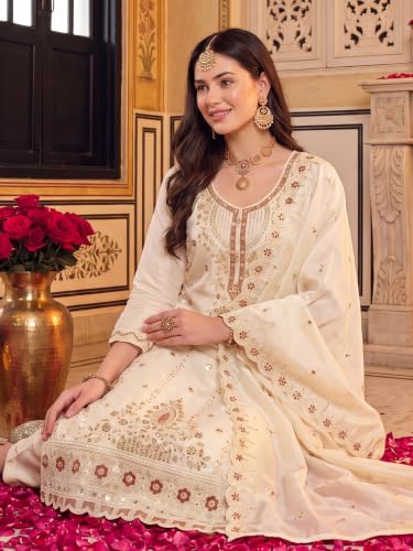 Image of INDO ERA Women's Silk Blend Embroidered Stone Work Straight Kurta & Pant with Dupatta Set | Kurta Sets For Woman