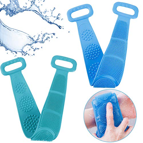 2 Pack Silicone Bath Body Brush, MOTASOM Exfoliating Double Side Silicone Body Back Shower Scrubber, Bath Shower Towel for Men and Women - Lathers Well & Skin-friendly (Blue+Green)