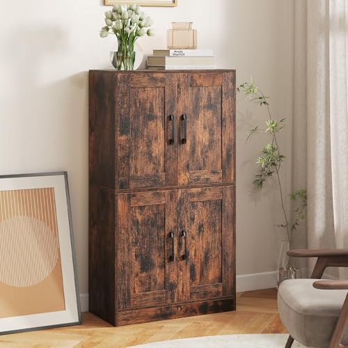 GIANTEX Armario Despensa de Cocina, Alacena con 4 Puertas y 4 Estantes de Almacenamiento, 2 Estantes Ajustables, Kits Antivuelco, 60 x 30 x 110 cm, Mueble Auxiliar para Comedor, Salón, Baño (Marrón)