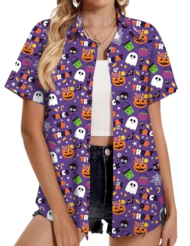 Halloween Hawaiian Shirts Matching Couples Funny Ghost Pumpkin Button Up Shirt Short Sleeve Women Spooky Season Graphic Shirt Cute Skull Blouses Summer Tropical Cruise Outfits Halloween Purple Medium