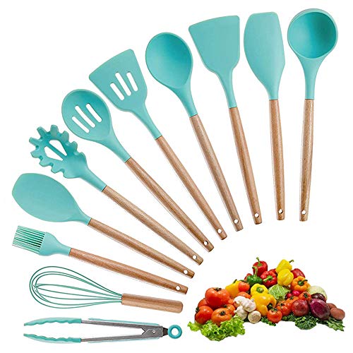 Preisvergleich Produktbild Silikon Kochen Utensil Set, 11Pcs Küchensets Holzgriff Non-Stick Topf Silikon-Spachtel Kit Gadget Spatel Tongs Schöpfkelle Utensilien Kochgeschirr,Rosa