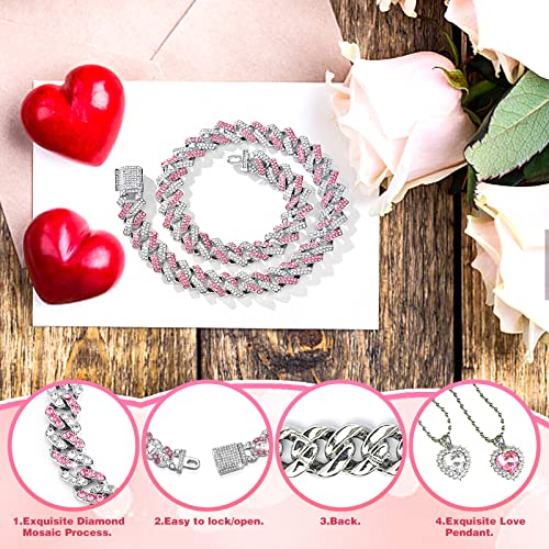 Dog Cat Chain Collar Diamond Cuban Collar 16 Inch Glitter Dog Chain Collar With 2 Heart Pendant And D Lock Pet Jewelry Accessories Pink Silver Chain For Medium Large Dogs #TOP2