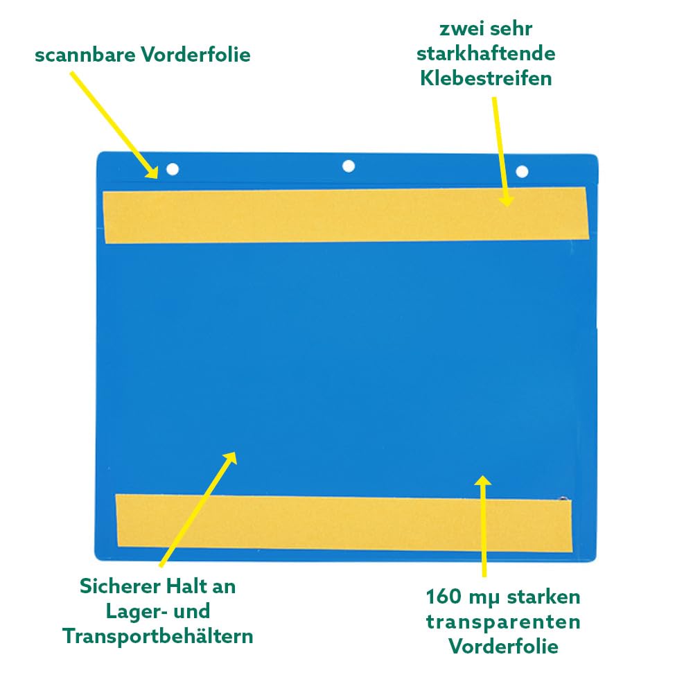 Kennzeichnungstaschen selbstklebend, A4 quer, grün,Öffnung: Längsseite, mit Klappe, 2 Klebestreifen, 25 Stück