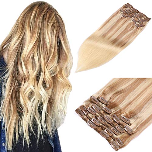 Balayage Clip in Human Hair Extensions Brazilian Remy Hair Straight Ombre #12Light Brown with #613 Bleach Blonde Hightlight #613 Full Head Double Weft Silk Straight for Women 8PCS(18",#12T613P613)140g