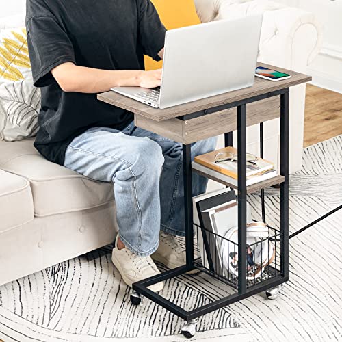 Miniatura 4 de Hoobro Mesa Auxiliar Con Estación De Carga, Mesa De Centro Abatible En Forma De C Con Ruedas Y Estante De Almacenamiento, Puertos Usb Tomas Corriente, Para Salón Dormitorio, Greige Y Negro Ebg022sf01