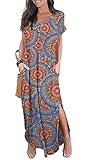 GRECERELLE Women's Casual Loose Long Dress Short Sleeve Floral Print Maxi Dresses with Pockets FP-Peacock Blue Large