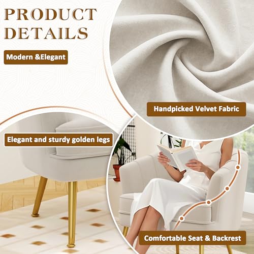 Image of Andeworld Velvet Accent Chair, Barrel Armchair, Beige | Velvet Upholstery, Golden Metal Legs, Comfy Barrel Back, Modern Style, Living Room Bedroom Office