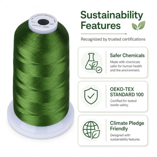Image of Simthread 5500Yds Embroidery Thread, 5000M High-Yardage 40WT 100% Polyester Thread - 170+ Vivid Colors, High-Speed Rated - Compatible with Brother, Singer, Janome & More - Moss Green 515 | 5000M 40WT polyester thread feeds smoothly for home or commercial embroidery projects.