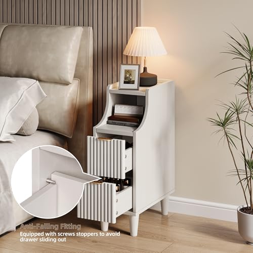 Image of 7.9 inch Narrow Fluted Nightstand Set of 2,Slim Side End Table with 2 Drawers,White Modern Bedside Table,Skinny Night Stand for Bedroom,Small Space
