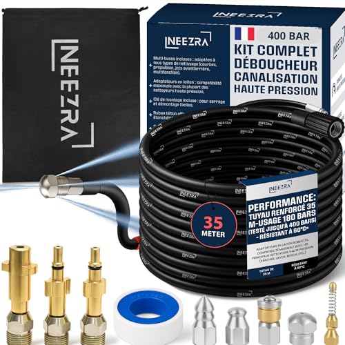 Kit Complet 10-en-1 Déboucheur de Canalisation Haute Pression – Tuyau 35 m Extra-Long Renforcé – 5 Buses + 3 Adaptateurs Laiton – Compatible Kärcher-Furet...