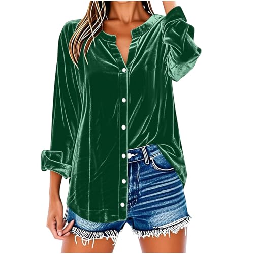 Velvet Tops for Women UK Longline Button Down Blouse Plus Size Tunic Tops V Neck Casual Dress Blouse Elegant Business Office Work Tee Shirts Loose Rolled Long Sleeve Shirts Green