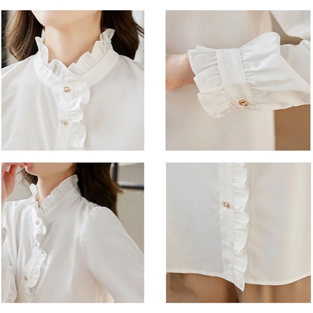 Blusa de gasa de manga larga con volantes para mujer, color liso, informal, con botones, para oficina o trabajo