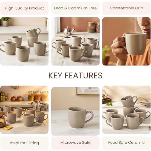 Image of The Earth Store Beige Cylus Ceramic Tea Cup Set of 6 for Tea | 190ML Each | Microwave & Dishwasher Safe | Perfect for Every Occasion Chai | Coffee Cups for Home, Office, Gifting & Daily Use