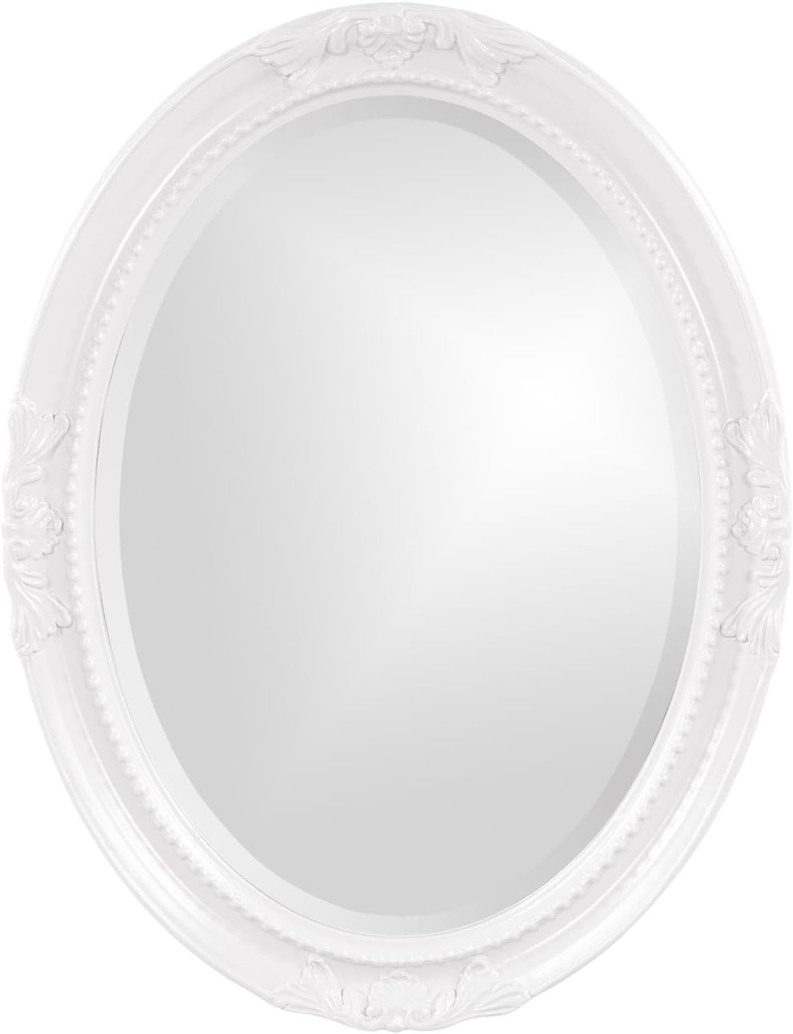Howard Elliott Collection Queen Ann Antique Glossy White Oval Mirror, Bevelled Vintage Hanging Wood Framed Vanity Wall Mirrors for Home Decor, Living Room, Bathroom, Bedroom, or Hallway, 25 x 33 Inch