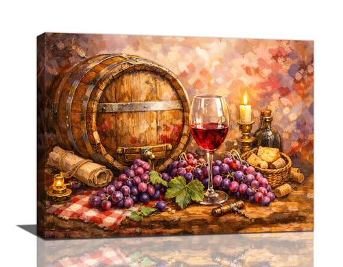 Rustic Wine Wall Art, Vintage Red Wine Barrel and Grapes
