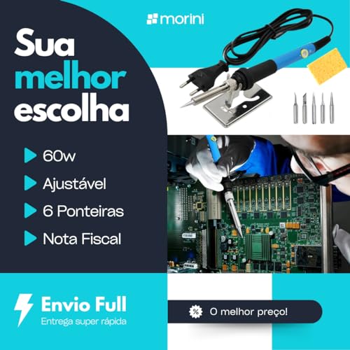 Ferro De Solda 60w com Temperatura Ajustável Profissional + 6 Pontas Suporte e Esponja (220, Volts)